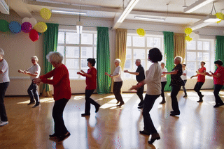 Grupo de adultos mayores realizando una dinámica de baile en un centro comunitario
