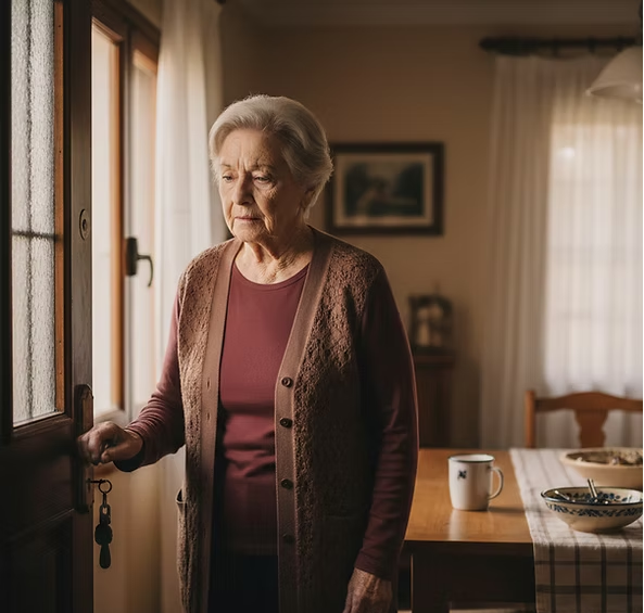 mujer mayor con demencia dudando en la puerta de casa, concepto de deambulación en Alzheimer