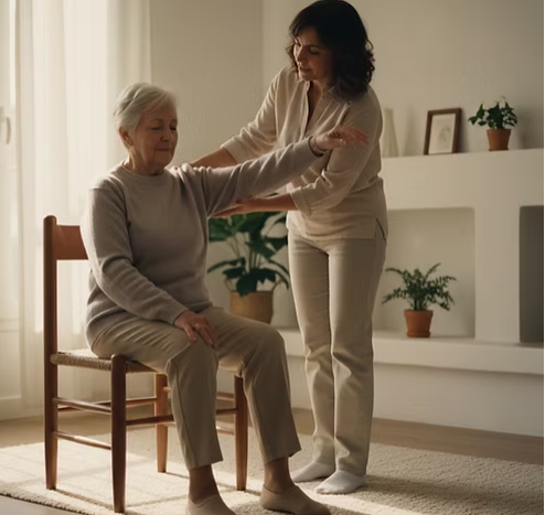 Cuidadora guía ejercicios suaves en silla a una persona mayor con Alzheimer en el salón de casa.