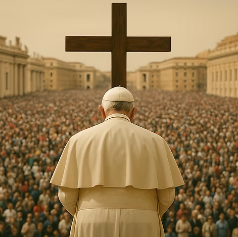 El Papa de espaldas ante una multitud en la Plaza de San Pedro, con una gran cruz en el centro del encuadre. Una imagen solemne y simbólica que evoca la despedida, la fe, y la presencia hasta el final. Generado por SORA