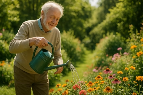 Adulto mayor regando plantas en un jardín soleado.