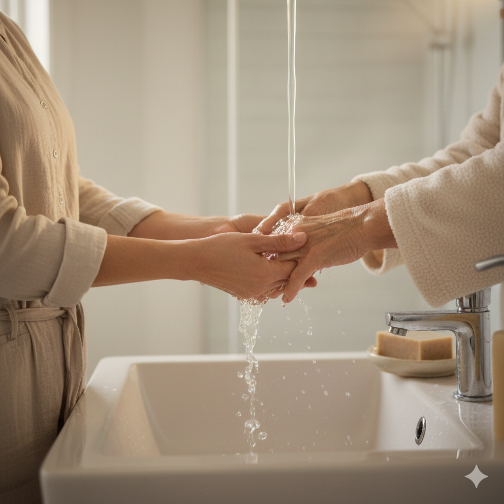 Higiene digna en Alzheimer: mujer mayor preparándose para la ducha con apoyo